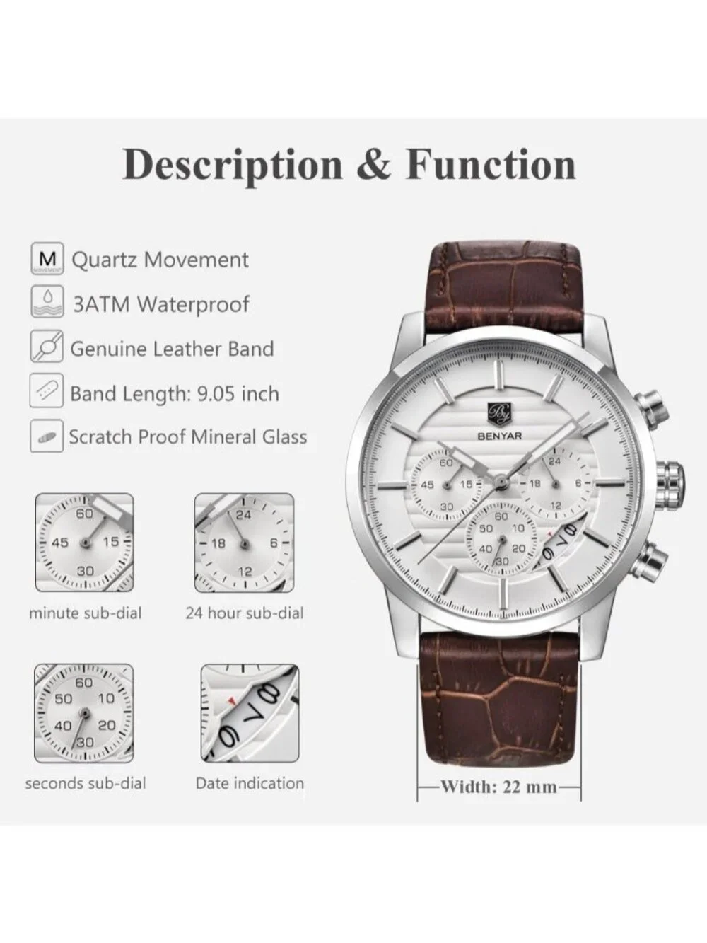 Mens Silver White Analog Quartz Leather Strap Chronograph Waterproof Wrist Watch